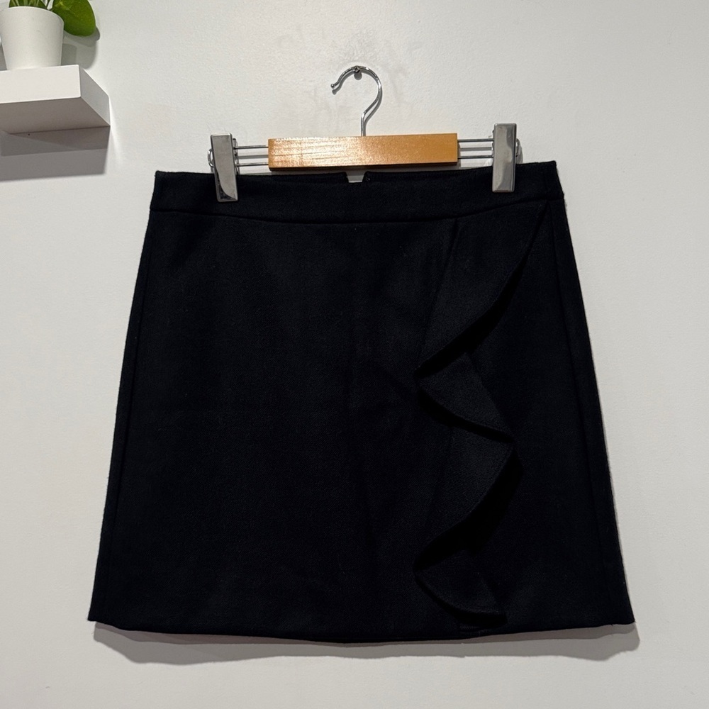 J. Crew Black Wool Mini Skirt with Ruffle Detail